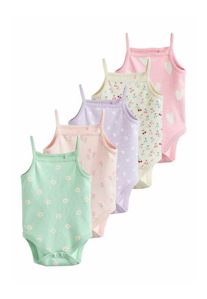 Fünf ärmellose Baby-Bodyanzüge in Pastellgrün, Rosa, Lavendel, Creme und Rosa mit Blumen-, Herz- und Kirschmotiven.