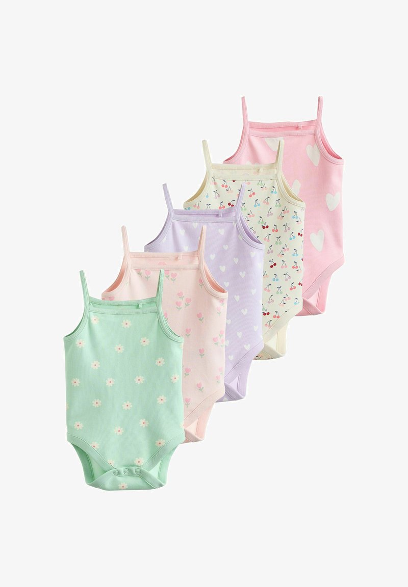 Cinq bodys sans manches pour bébé en vert pastel, rose, lavande, crème et rose, avec des motifs floraux, de cœurs et de cerises.