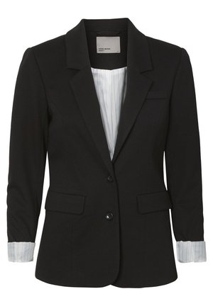 Černý blazer se strukturovaným designem, zapínání na jeden knoflík, dvě přední kapsy a rukávy s manžetami s bílým proužkovaným podšívkou.