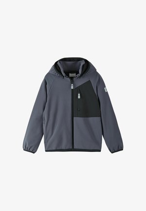 Szara i czarna kurtka zapinana na zamek z kapturem. Posiada wzór z kolorowymi blokami, boczne kieszenie i elastyczne mankiety. Wykonana z gładkiego materiału.