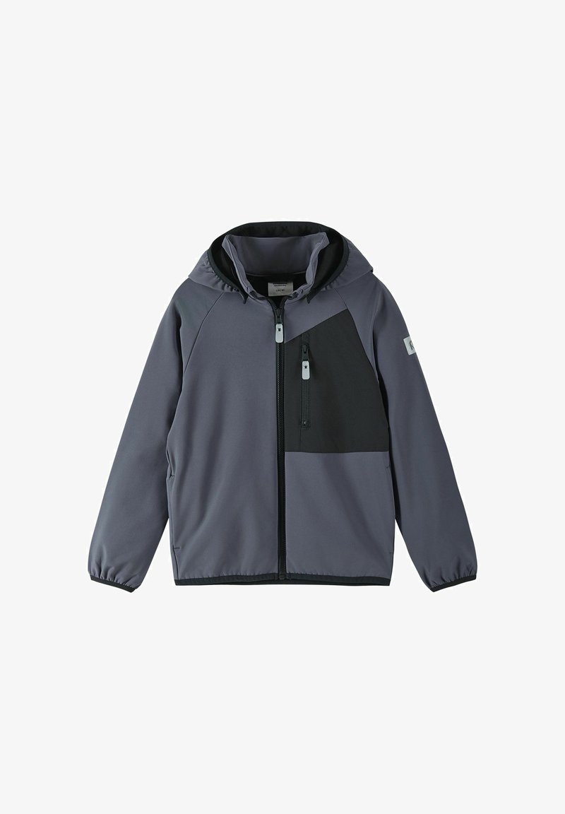 Gray and black zip-up jacket with a hood. Features a color-block design, side pockets, and elastic cuffs. Made from smooth fabric.