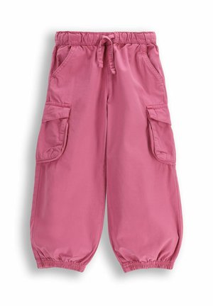 Różowe spodnie cargo z elastycznym paskiem w talii, regulowanym sznurkiem, dwoma przednimi kieszeniami, bocznymi kieszeniami z klapami oraz ściągaczami na dole nogawek.