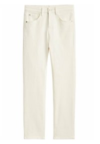 Jean en denim crème avec une coupe droite, comportant cinq poches, des accessoires en métal et une finition lisse sans motifs.