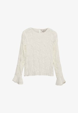 Weißes Langarmoberteil aus strukturiertem Stoff mit ausladenden Trompetenärmeln und Rundhalsausschnitt. Subtile gemusterte Nähte im gesamten Oberteil.
