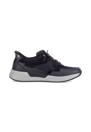 Schwarzer und dunkelgrauer Low-Top-Sneaker mit weißer Sohle, Mesh- und Wildleder-Panels, Schnürung vorne und "rollingsoft"-Branding auf der Mittelsohle.