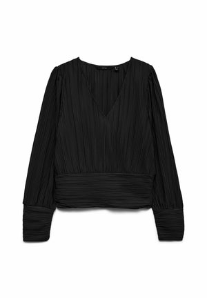 Zwarte blouse met lange mouwen en diepe V-hals, geplooide textuur op het lichaam en de mouwen, en een aansluitende tailleband en manchetten.