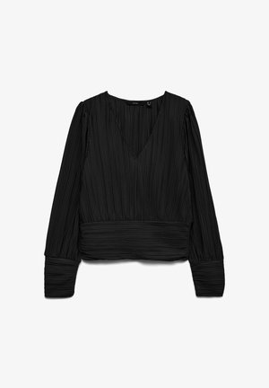 Must mustriga särk sügava V-kaelusega, pleeritud tekstuuriga kere ja varrukad ning kitsenev vöökoht ja mansetid.