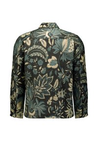 Langsleeve knoop-overhemd van donkere stof met ingewikkelde bloemenpatronen in teal en beige, voorzien van een klassieke kraag en omgeslagen mouwen.