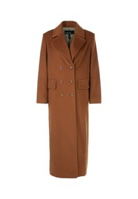 Brown wool blend coat with a double-breasted design, tailored collar, and two front pockets. Smooth texture, knee-length fit.