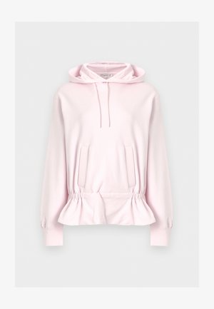 Světle růžová mikina s kapucí s pevnými šňůrkami, předními kapsami a pružným spodním lemem.