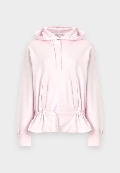 Hele-roosa kapuutsiga dressipluus paeltega kapuutsis, esikülje taskute ja kogutud elastse äärega.