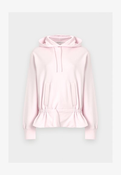 Světle růžová mikina s kapucí s pevnými šňůrkami, předními kapsami a pružným spodním lemem.