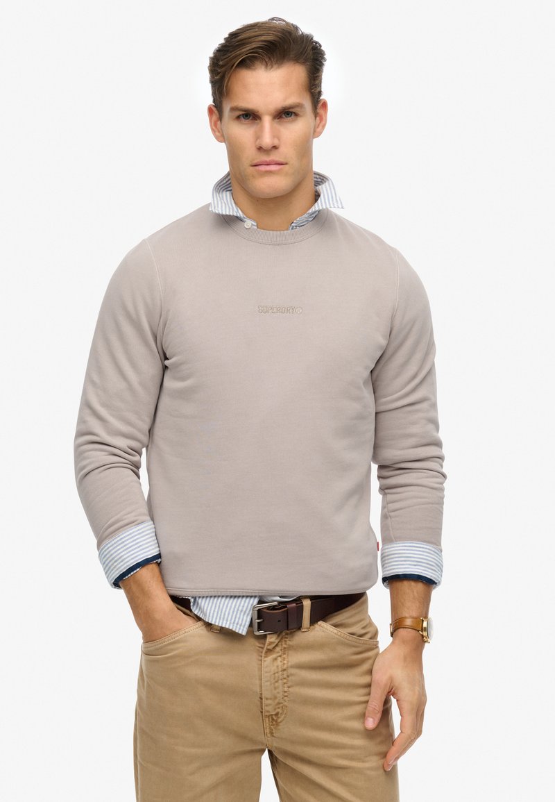 Lys beige sweatshirt med subtil broderi, rund halsudskæring og lange ærmer over en blå og hvid stribet skjorte med krave.