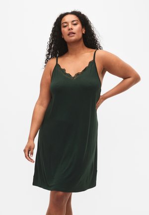 Dark green sleeveless nightdress with lace trim at the neckline, smooth fabric, relaxed fit, and adjustable spaghetti straps.