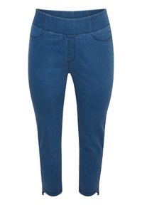 Pantalones recortados de mezclilla en azul oscuro con una textura suave, que cuentan con una cintura elástica y costuras decorativas en los lados.