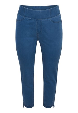 Tummansinisiä farkkuja, joissa on sileä pinta ja lyhyet lahkeet, joustava vyötärö ja koristeelliset sivusaumat.