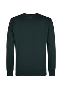 Sudadera de cuello redondo en verde oscuro, hecha de una mezcla de algodón. Presenta mangas largas y puños y dobladillo acanalados. Sin logotipos ni patrones visibles.