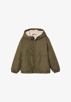 Olive green hooded jacket with front zipper, elastic cuffs, side pockets, and soft white fleece lining inside the hood and upper body.