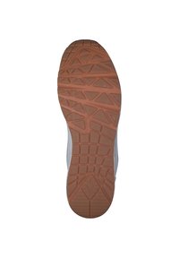 Suola di sneaker grigia chiara con un motivo di battistrada in gomma marrone testurizzata, caratterizzata da forme a diamante per una maggiore trazione e durata.
