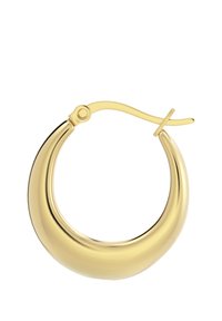 Kultainen rengaskorvakorut, joissa on sileä, kaareva muotoilu ja kiiltävä pinta. Ylhäällä on kiinnitys, joka helpottaa pukemista.