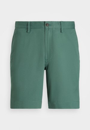 Green shorts with a smooth texture, standard waistband, and a single button closure. Designed with rolled hems for a clean finish.