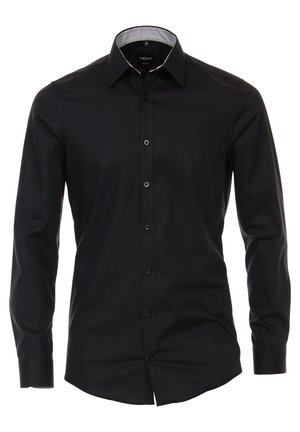 Chemise habillée noire à manches longues pour homme, avec boutonnage devant et col intérieur à motif, coupe slim, présentée sur fond blanc.