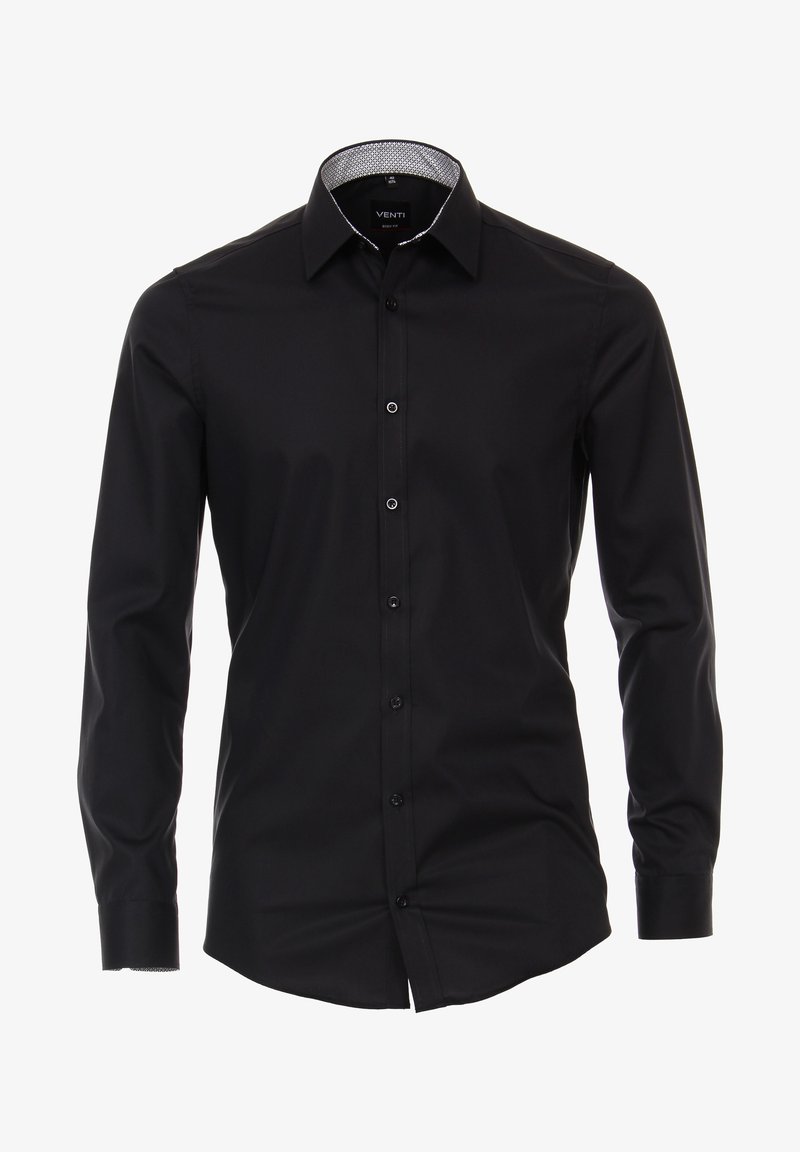 Chemise habillée noire à manches longues pour homme, avec boutonnage devant et col intérieur à motif, coupe slim, présentée sur fond blanc.