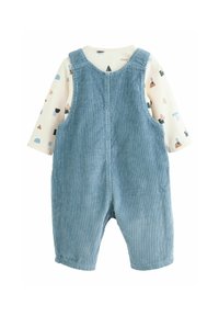Blue corduroy dungarees with a patterned cream long-sleeve shirt inside, featuring shapes in soft colors. Textured fabric, playful design.