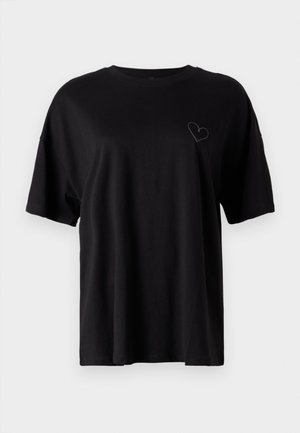 Zwart katoenen T-shirt met korte mouwen, losse pasvorm, ronde hals, met een subtiel hartontwerp geborduurd op de linkerborst.