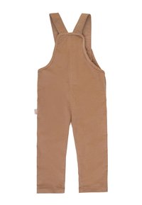 Salopette in cotone marrone con spalline regolabili, gambe ampie e una texture liscia. Presenta un'etichetta laterale e dettagli di cucitura pulita.