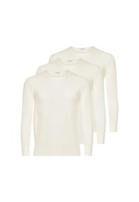 T-shirt a maniche lunghe di colore crema, con collo a giro e polsini aderenti, realizzato in un tessuto morbido e liscio. Tre pezzi esposti.