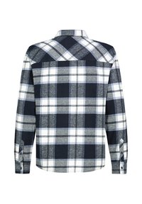 Flanellhemd mit einem karierten Muster in Marineblau, Weiß und Grau. Lange Ärmel, geknöpfte Manschetten und ein Spitzkragen. Weiche Textur. Rückansicht.