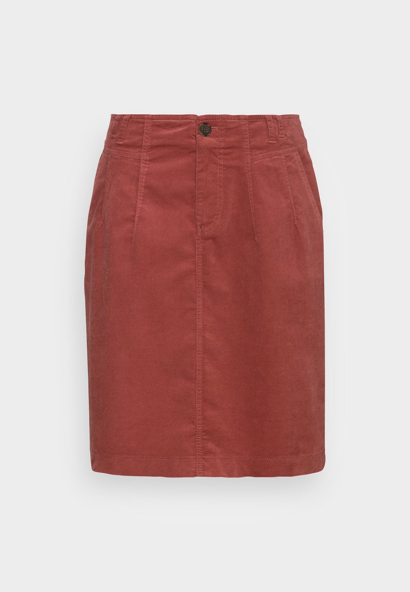 Rode corduroy rok met plooien aan de voorkant, een knoopsluiting en een recht ontwerp. Zachte textuur met een zoomlijn boven de knie.