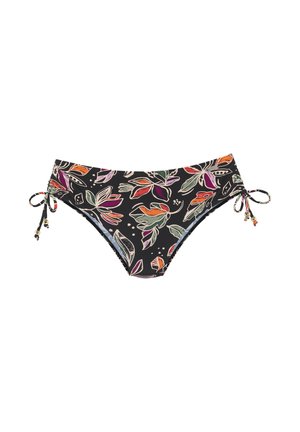 Bas de bikini noir avec un motif floral coloré. Cordon latéral ajustable avec des perles décoratives. Texture lisse, couverture moyenne.