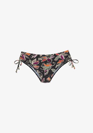 Schwarzer Bikini-Unterteil mit buntem Blumenmuster. Verstellbare Seitenschnüre mit dekorativen Perlen. Glatte Textur, mittlere Abdeckung.