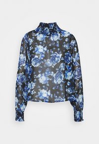 Floral blouse with a black sheer fabric featuring blue and light blue roses. High smocked collar and long sleeves with gathered cuffs.