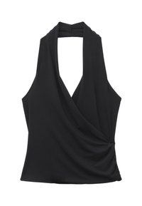 Haut noir sans manches à col halter avec devant drapé et détail froncé sur le côté, sur fond blanc.