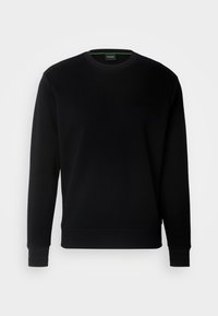 Sweat-shirt noir à manches longues avec col rond, poignets et ourlet côtelés, logo en relief discret sur la poitrine, intérieur du col bordé de vert.