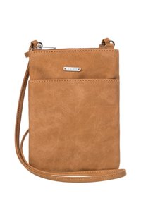 Tan faux läder crossbody-väska med rektangulär form, en silverfärgad logotavla och en framficka. Justerbar axelrem för bekvämlighet.