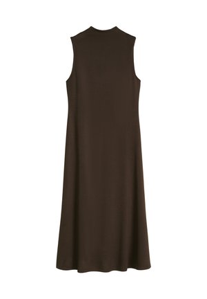 Bezrekawowa, ciemnobrązowa sukienka midi z wysokim kołnierzem i rozkloszowanym fasonem typu A, widziana od tyłu na białym tle.