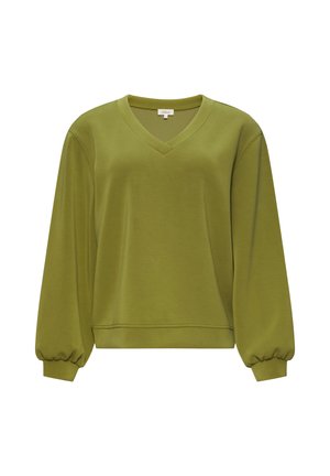 Olijfgroene V-hals sweatshirt met lange ballonmouwen, zachte textuur, geribde tailleband en cuffs, met een relaxed fit ontwerp.