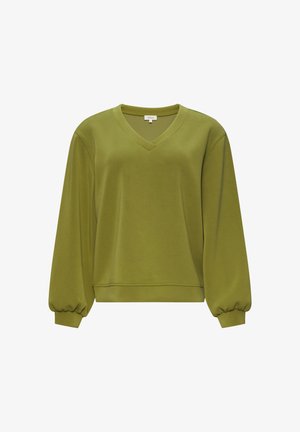 Olijfgroene V-hals sweatshirt met lange ballonmouwen, zachte textuur, geribde tailleband en cuffs, met een relaxed fit ontwerp.