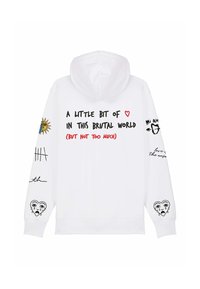 Biela mikina s kapucňou. Obsahuje čierny a červený text, grafiku slnka a ilustrácie plačúcich sŕdc na rukávoch.