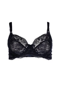 Černá krajková podprsenka s průsvitnými košíčky s květinovým vzorem, nastavitelné ramínka a vlnitý krajkový lem podél okrajů.