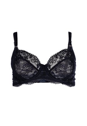 Schwarzer Spitzen-BH mit transparenten Cups mit Blumenmustern, verstellbaren Trägern und einem gewellten Spitzenrand entlang der Kanten.
