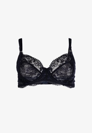 Zwarte kanten bh met doorschijnende cups met bloemmotieven, verstelbare bandjes en een golvende kanten rand langs de randen.