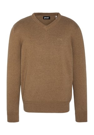 Brązowy sweter z dekoltem w serek i długimi rękawami, z prążkowanymi mankietami i krawędzią, ozdobiony małym wyszywanym logo na lewej piersi.