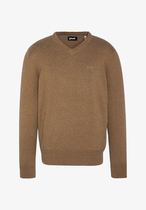 Pull marron à col en V avec manches longues, poignets et ourlet côtelés, orné d'un petit logo brodé sur le côté gauche de la poitrine.