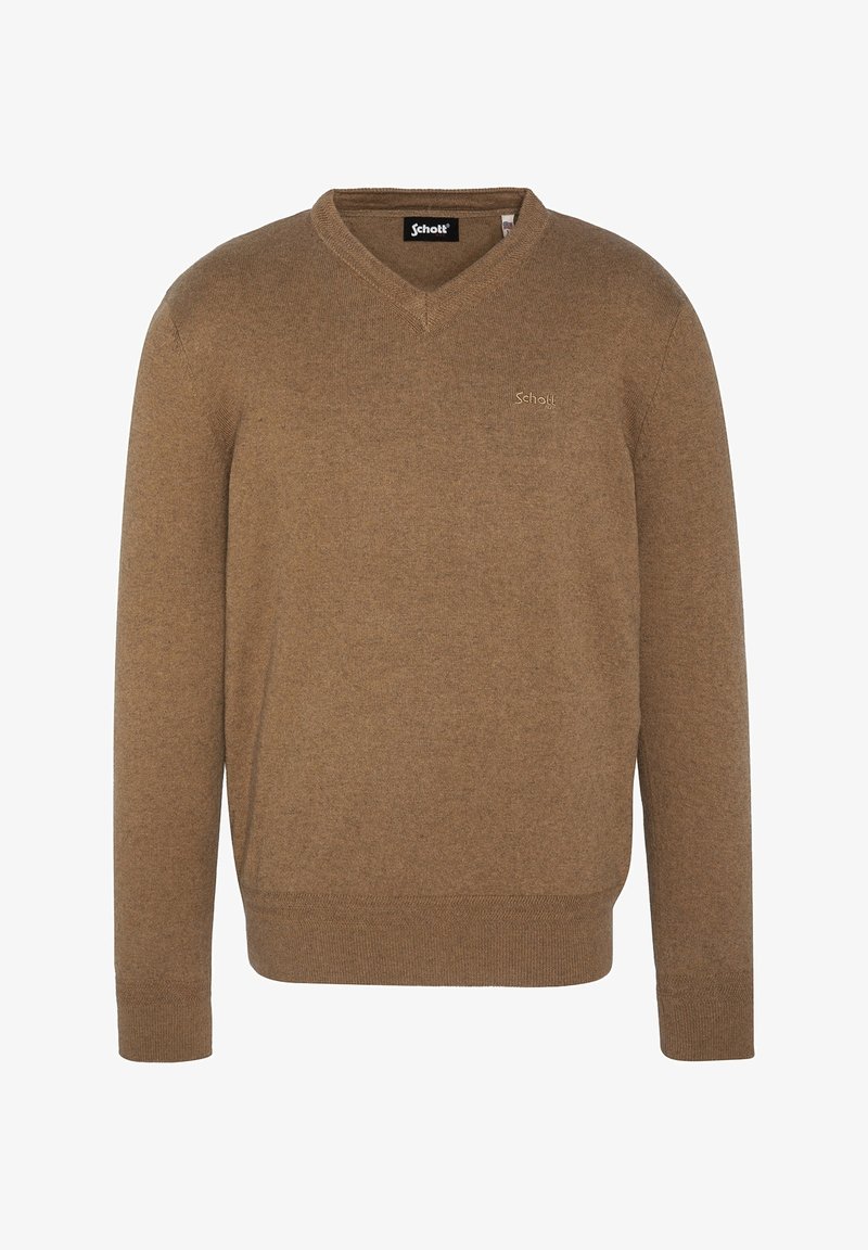 Pull marron à col en V avec manches longues, poignets et ourlet côtelés, orné d'un petit logo brodé sur le côté gauche de la poitrine.