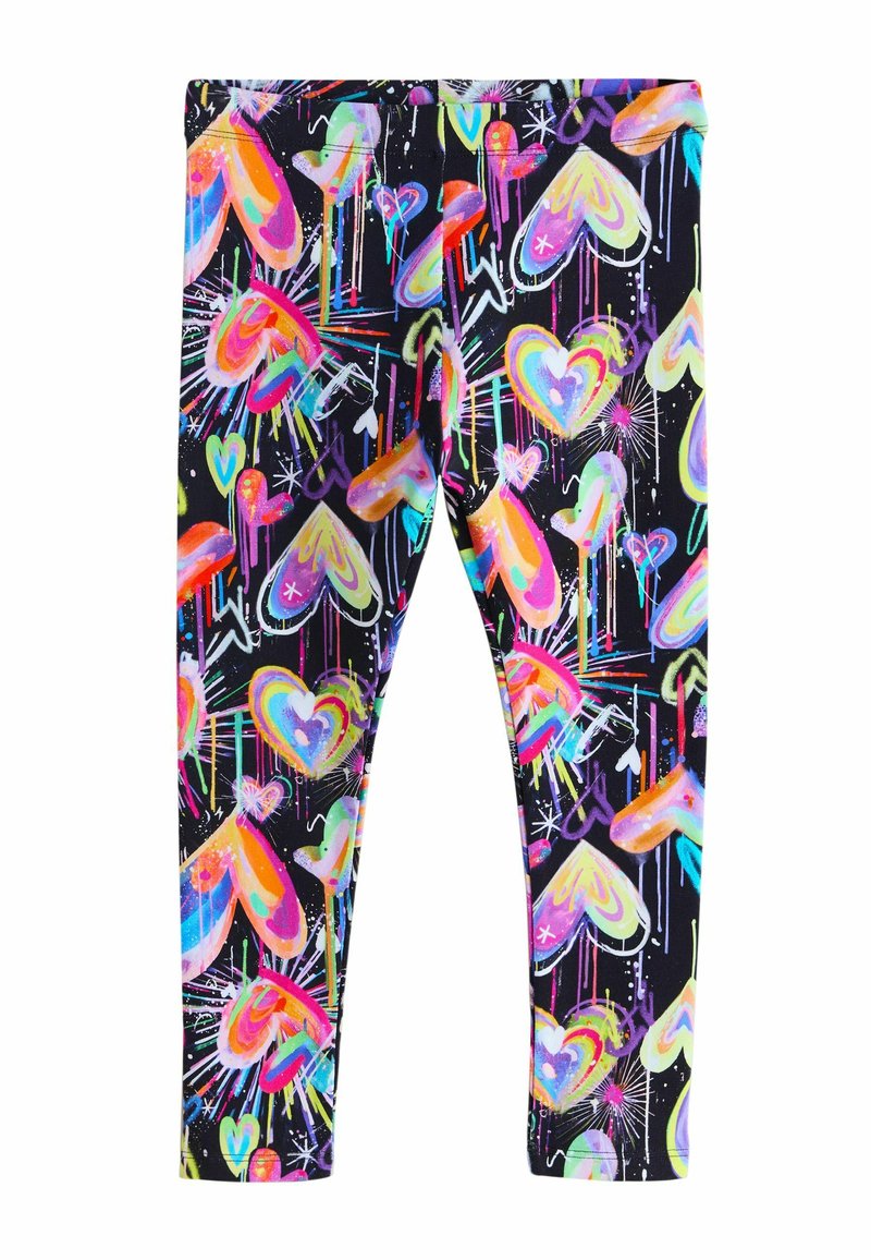 Farebné legíny s čiernym pozadím zdobeným živými vzormi srdiečok a hviezd v odtieňoch ružovej, modrej a žltej.